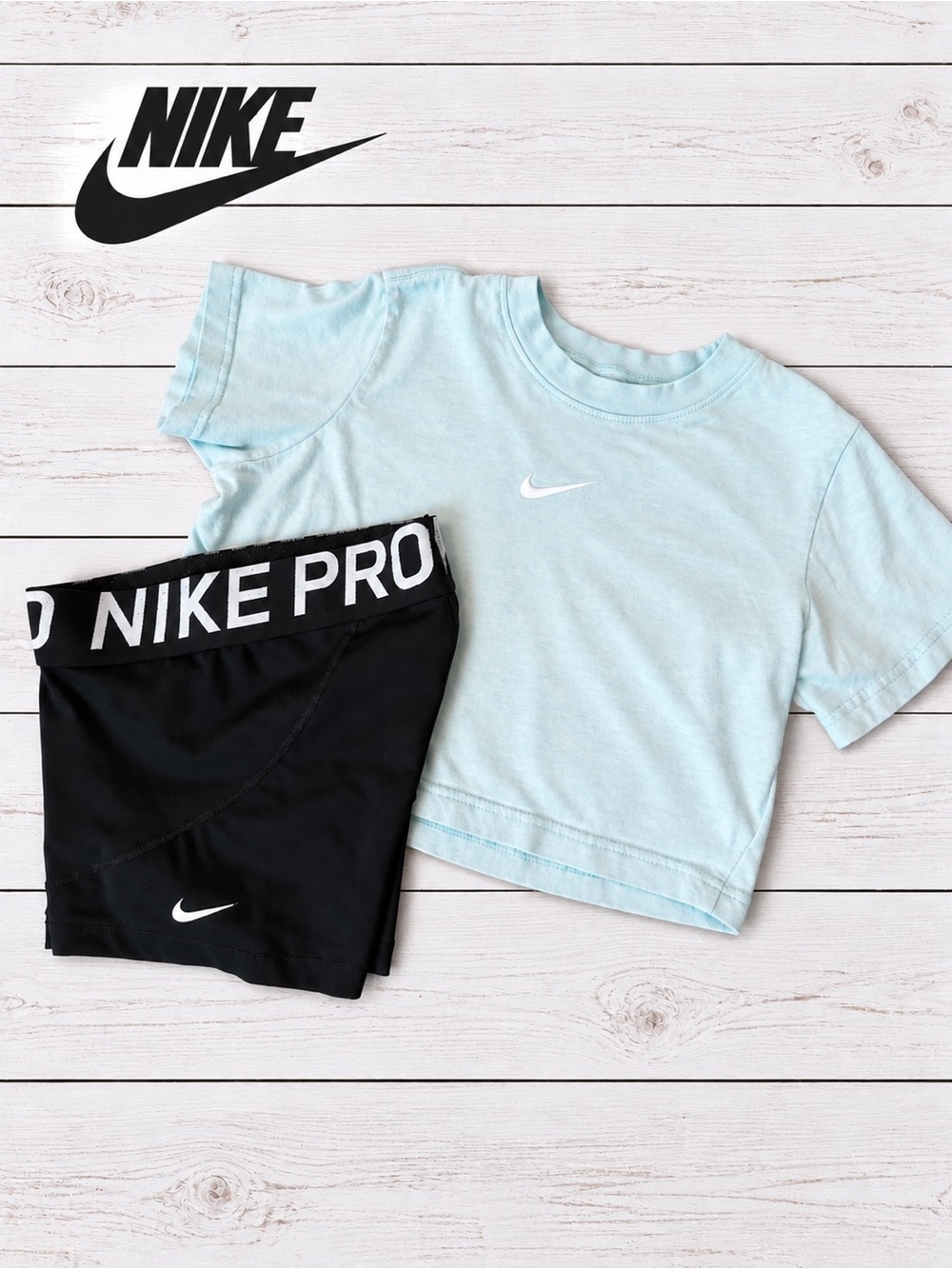 Nike Light Aqua Crop Tee with Black Nike Pro Shorts Set